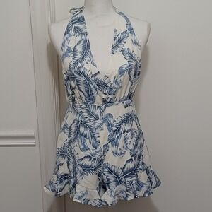 Francescas Mi Ami Womens Halter Short Romper Sz Med White Blue Palm NWT MSRP $50